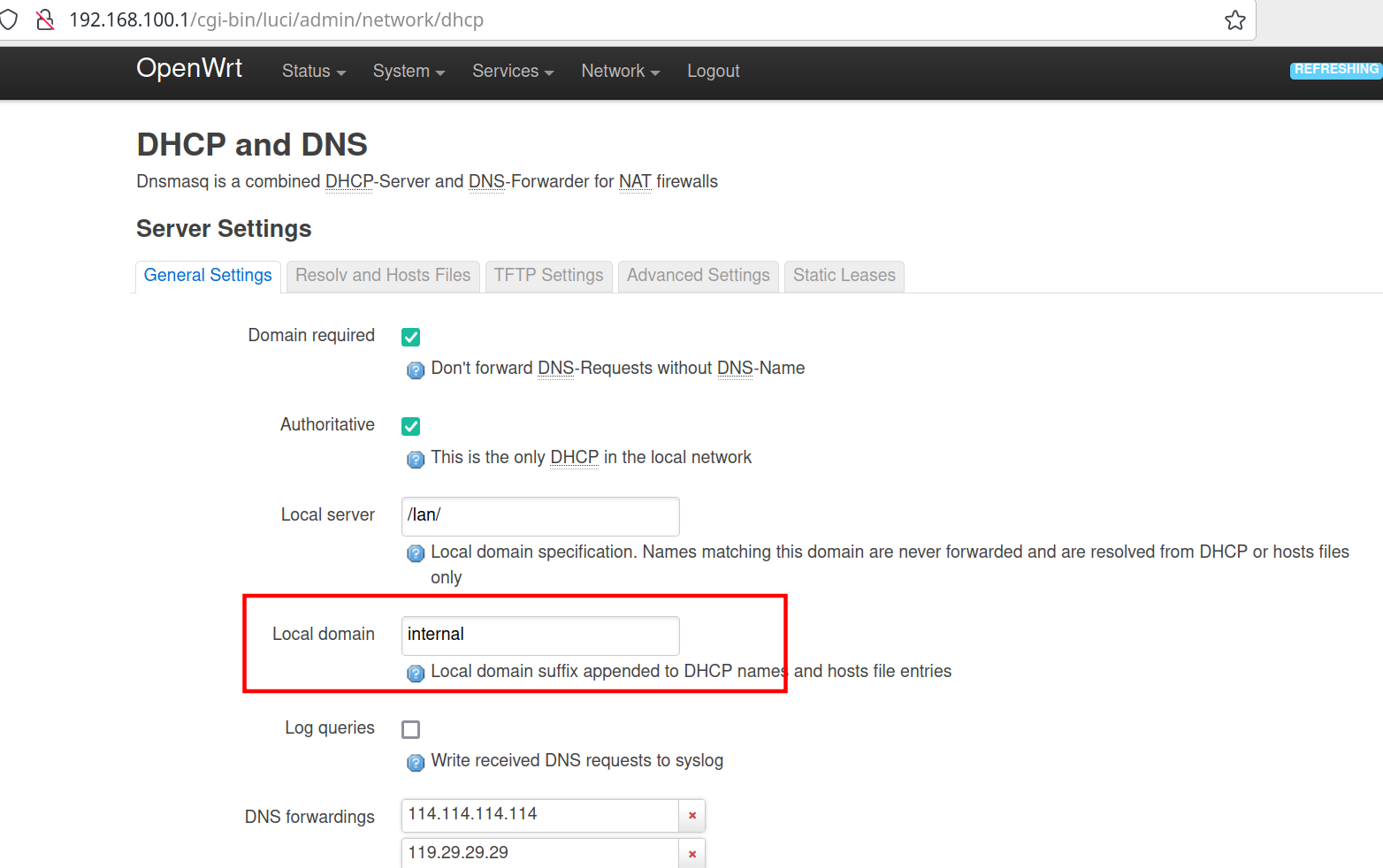 Openwrt配置自定义local domain suffix